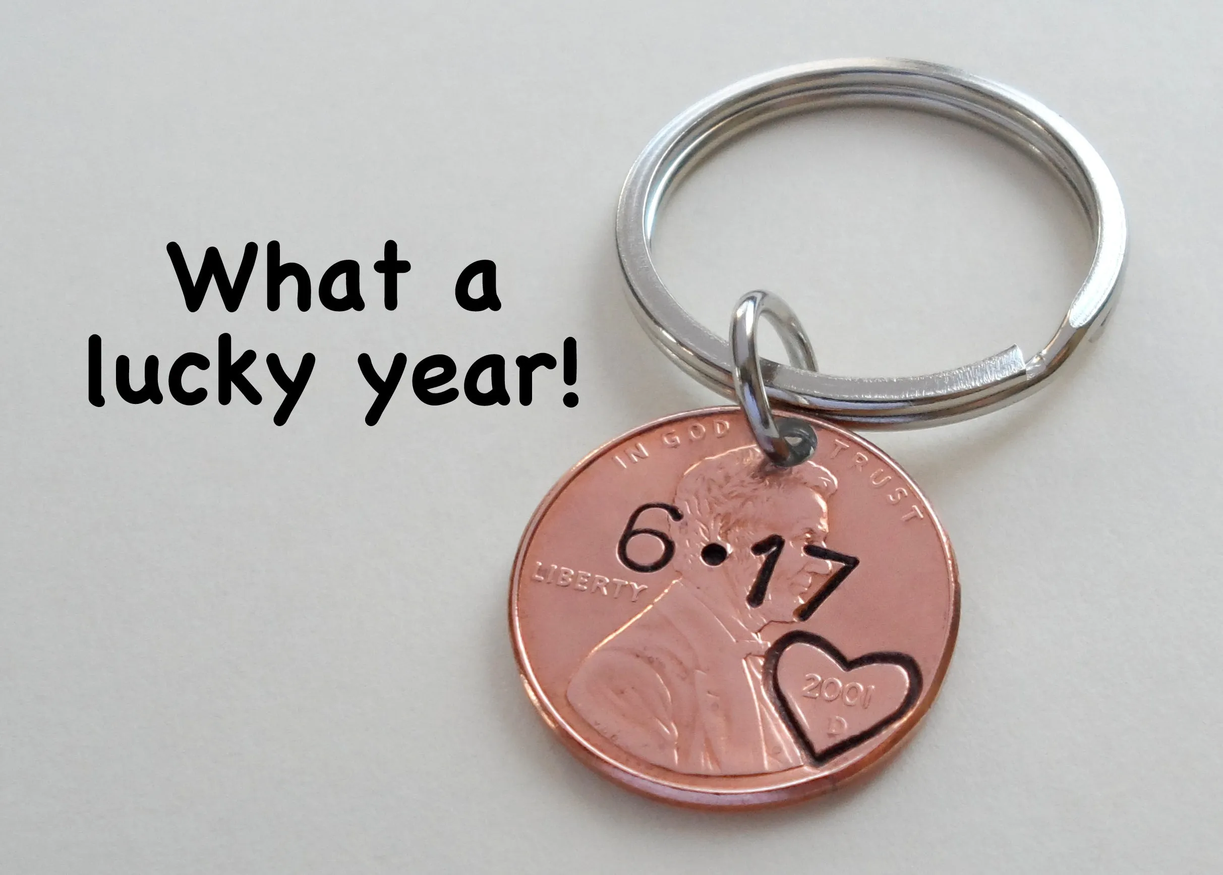 2019 US One Cent Penny Keychain with Heart Around Year; 5-year Anniversary Gift, Couples Keychain