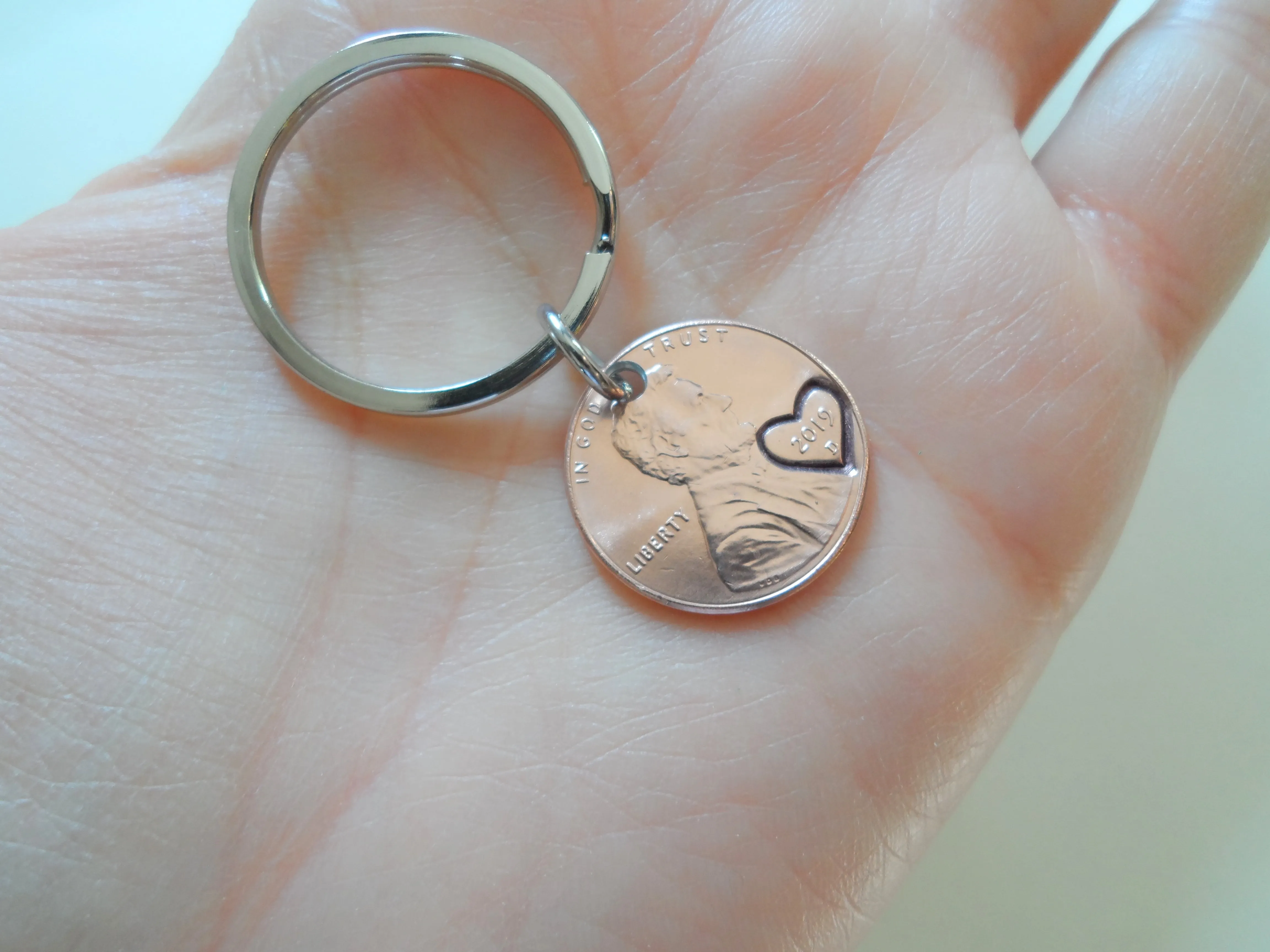 2019 US One Cent Penny Keychain with Heart Around Year; 5-year Anniversary Gift, Couples Keychain