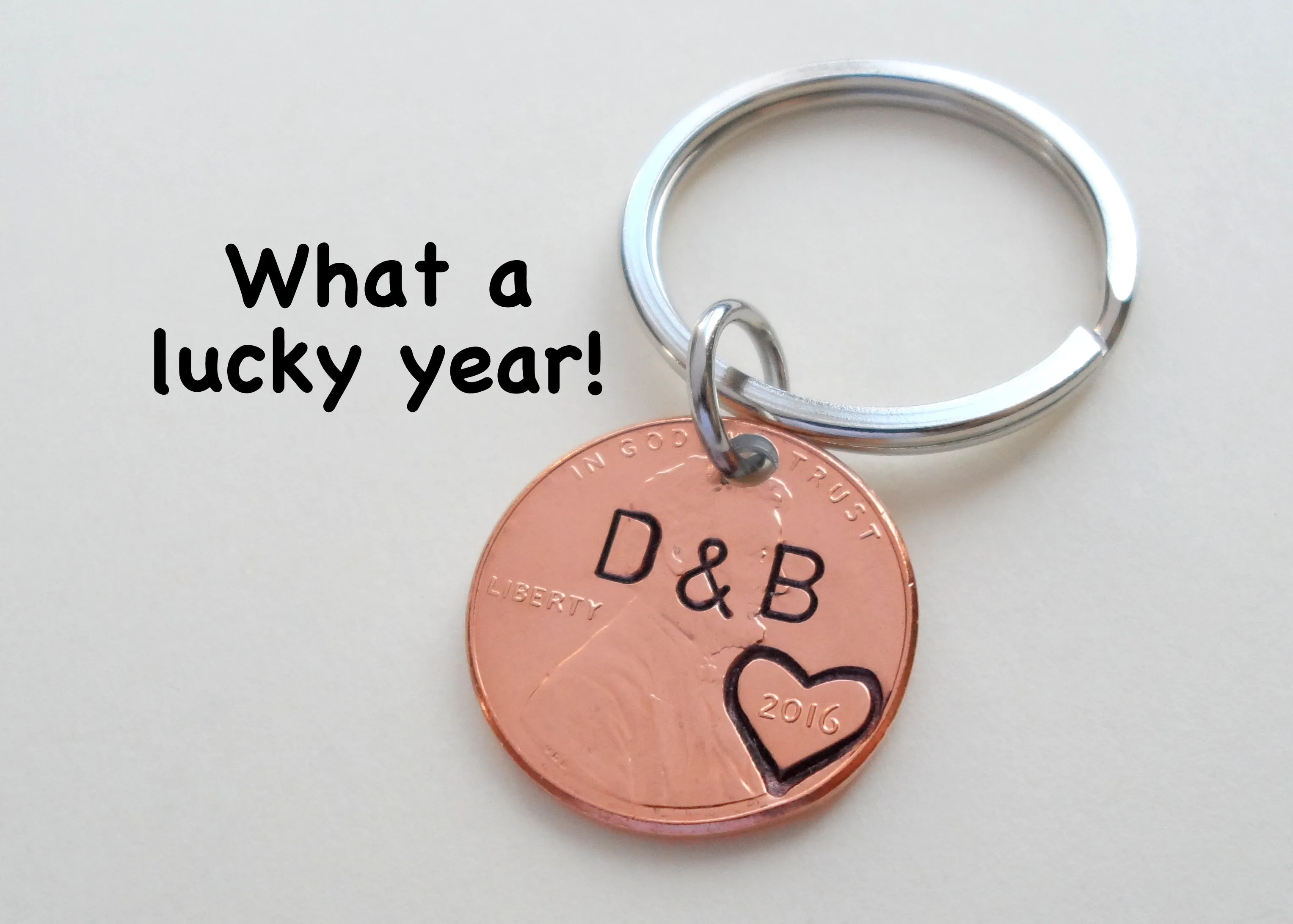 2019 US One Cent Penny Keychain with Heart Around Year; 5-year Anniversary Gift, Couples Keychain