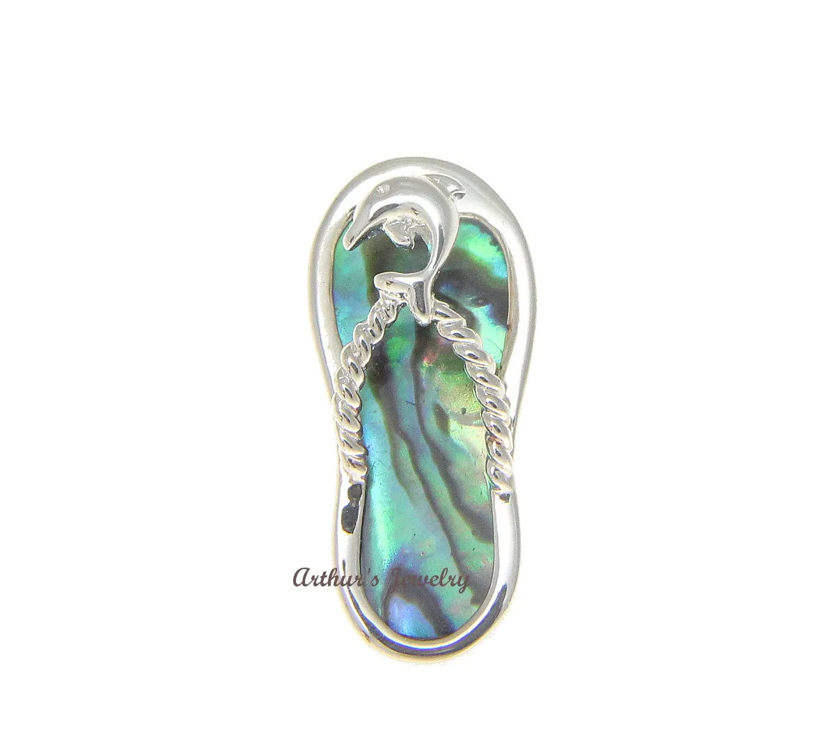 925 Silver Hawaiian Dolphin Slipper Flip Flop Abalone Paua Shell Slider Pendant