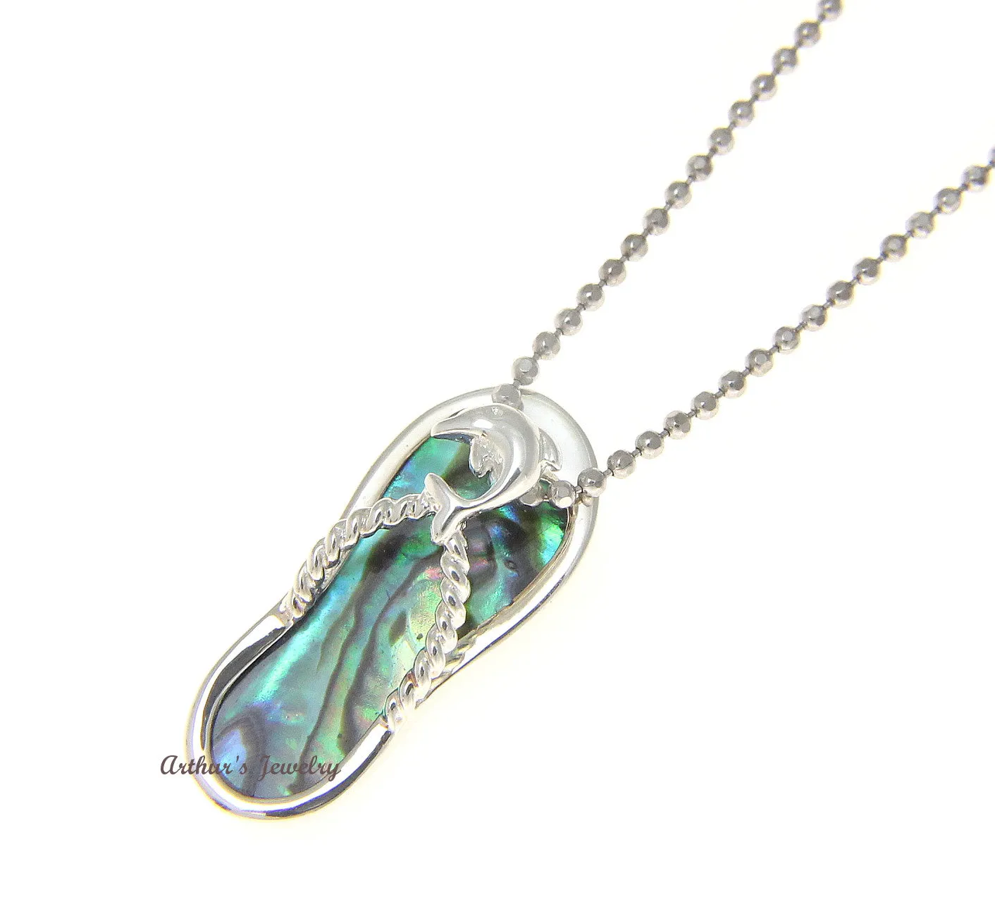 925 Silver Hawaiian Dolphin Slipper Flip Flop Abalone Paua Shell Slider Pendant