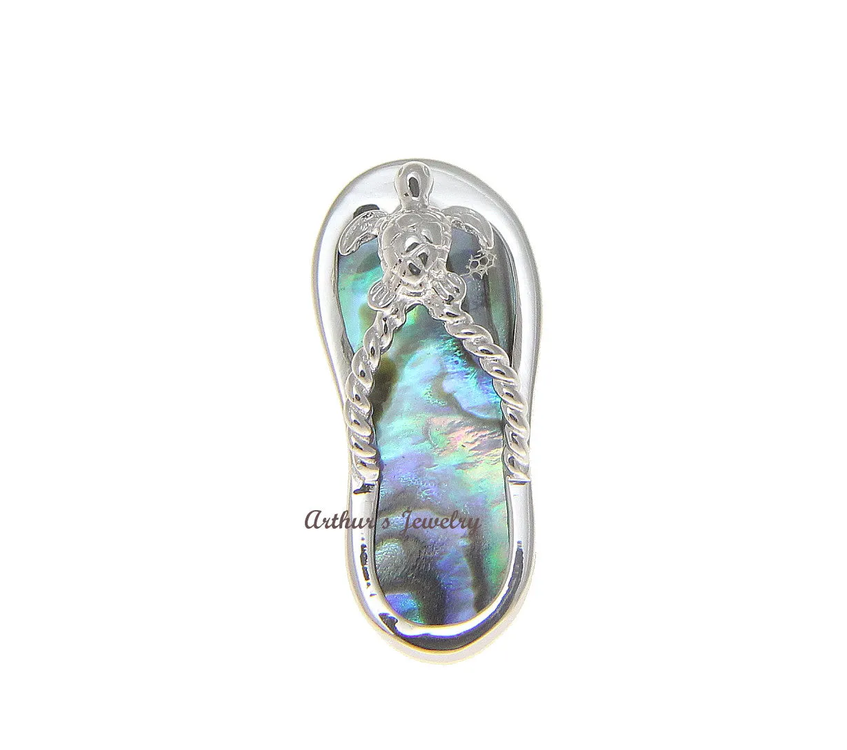 925 Silver Hawaiian Honu Sea Turtle Slipper Flip Flop Abalone Paua Shell Pendant