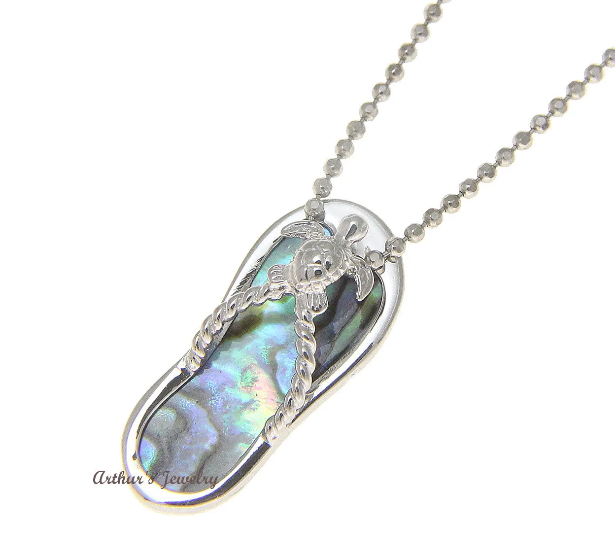 925 Silver Hawaiian Honu Sea Turtle Slipper Flip Flop Abalone Paua Shell Pendant