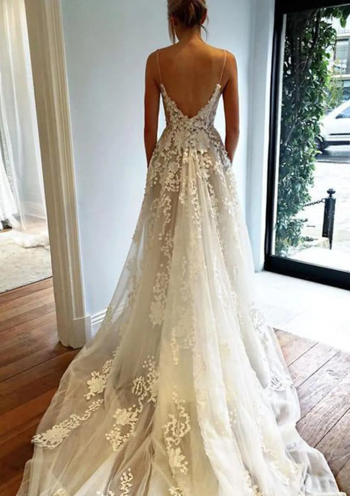 A-line Strap Plunging Backless Chapel Lace Tulle Wedding Dress