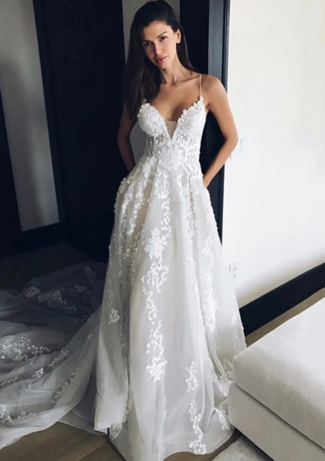 A-line Strap Plunging Backless Chapel Lace Tulle Wedding Dress