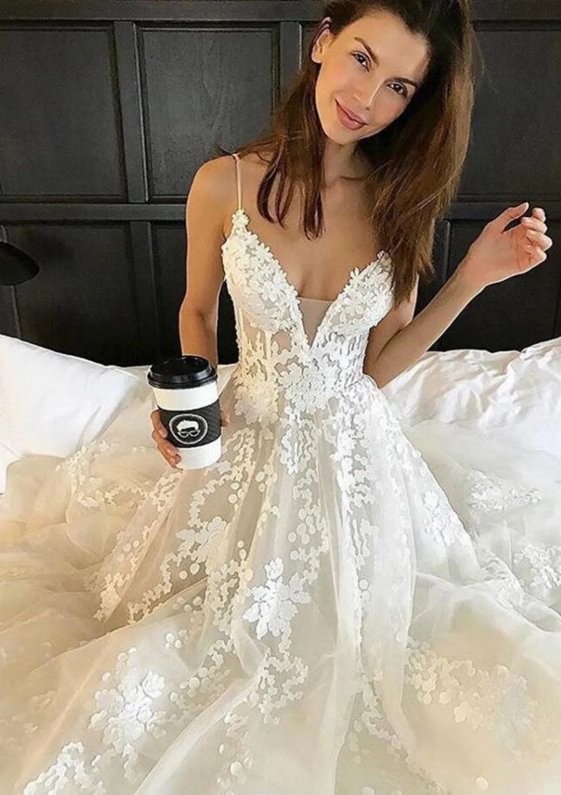 A-line Strap Plunging Backless Chapel Lace Tulle Wedding Dress