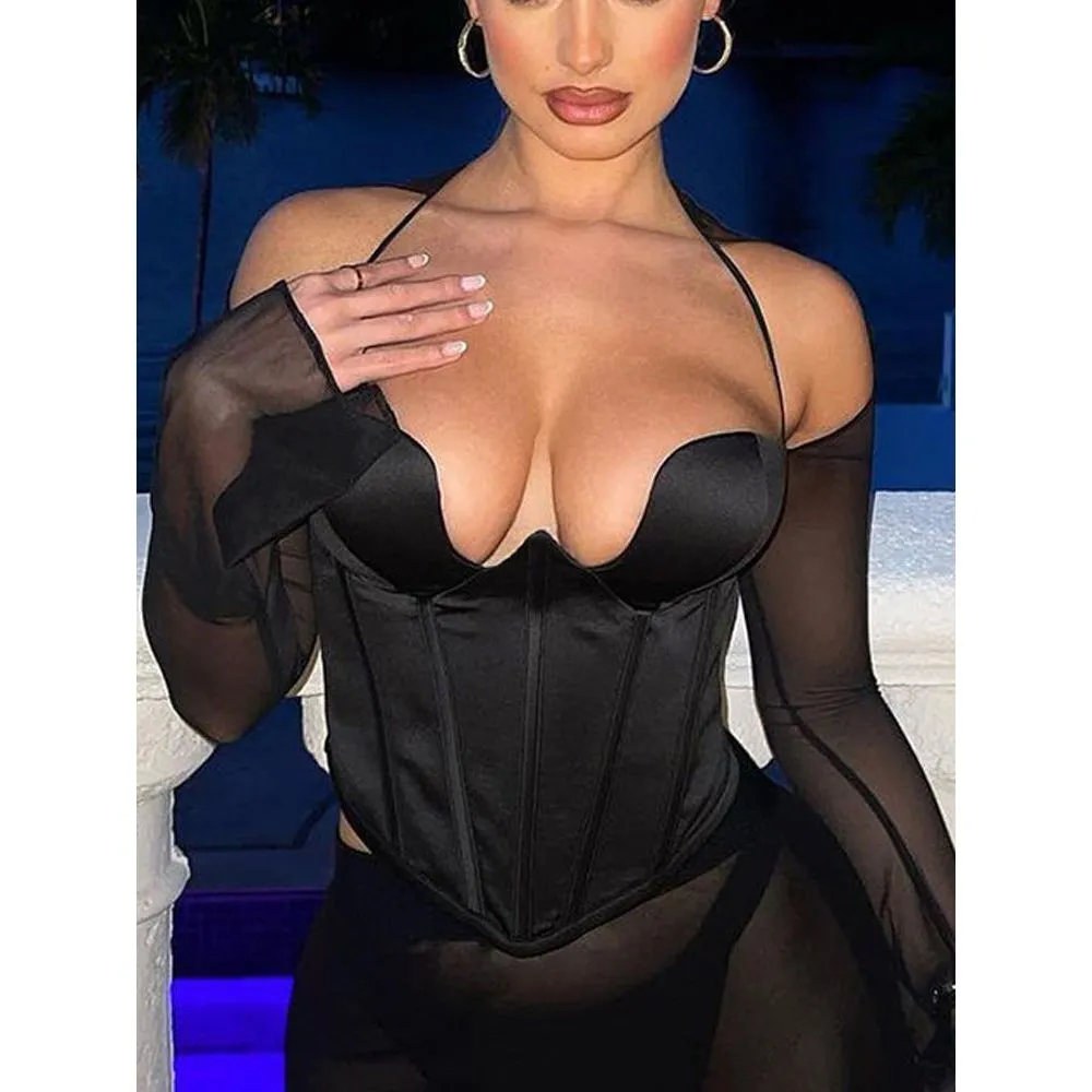 Black mesh backless halter neck top