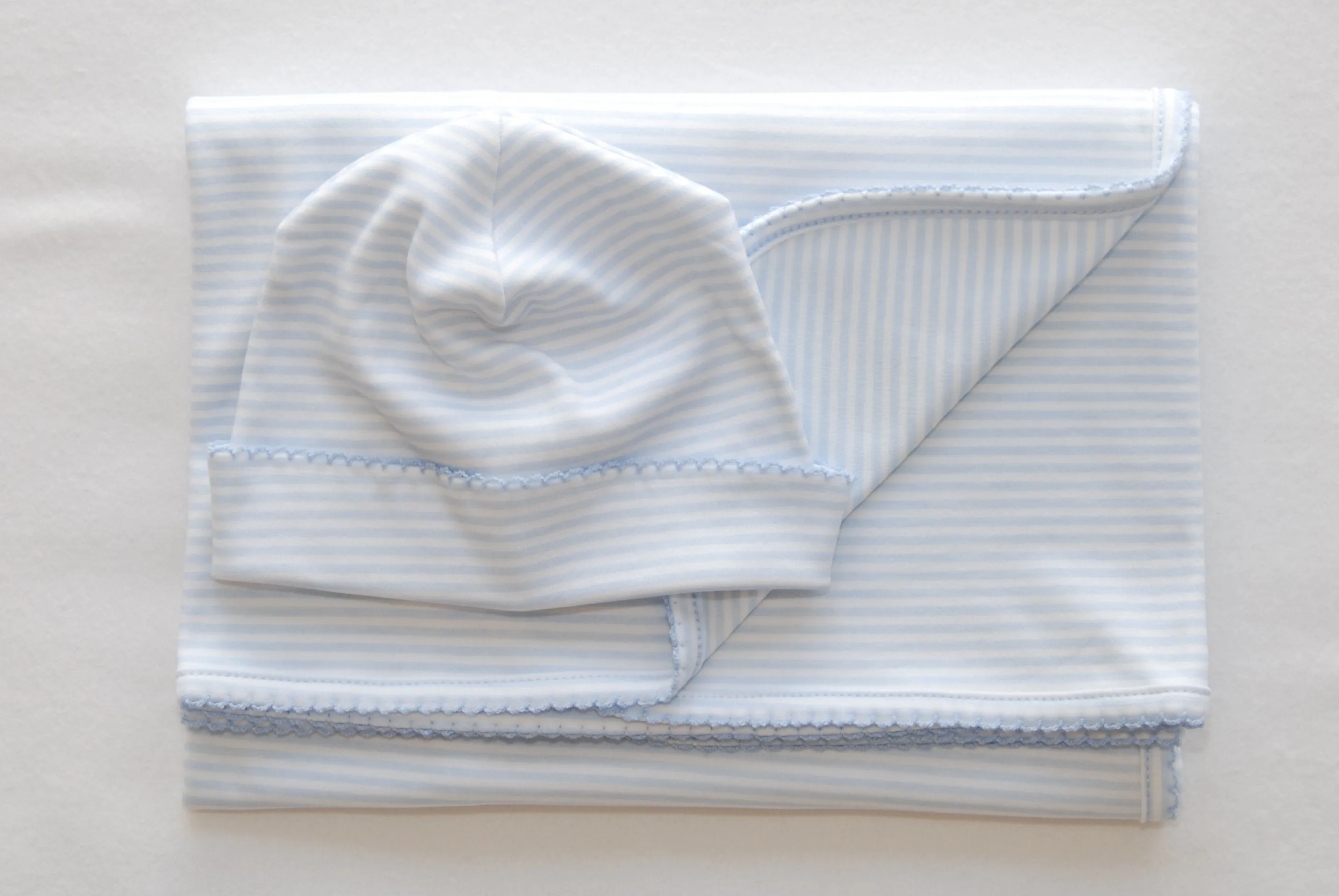 Blue Oxford Stripe Hat & Receiving Blanket Set