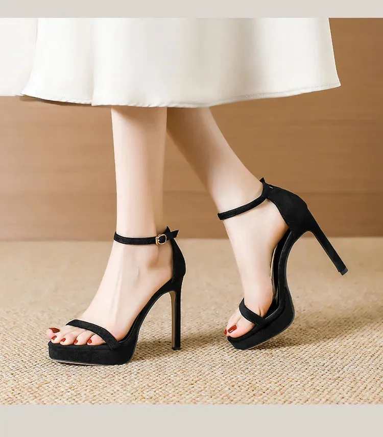 Brand Design Ankle Straps Women Sandals 11Cm Open Toe Platform Party Pumps Flock Leather High Heels