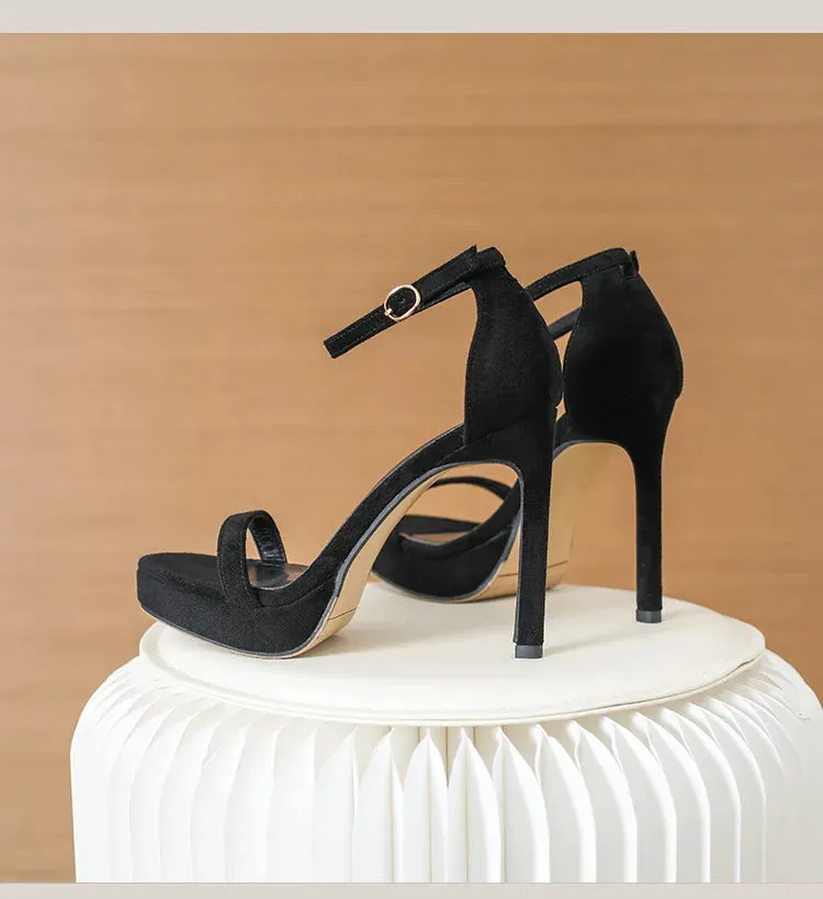 Brand Design Ankle Straps Women Sandals 11Cm Open Toe Platform Party Pumps Flock Leather High Heels