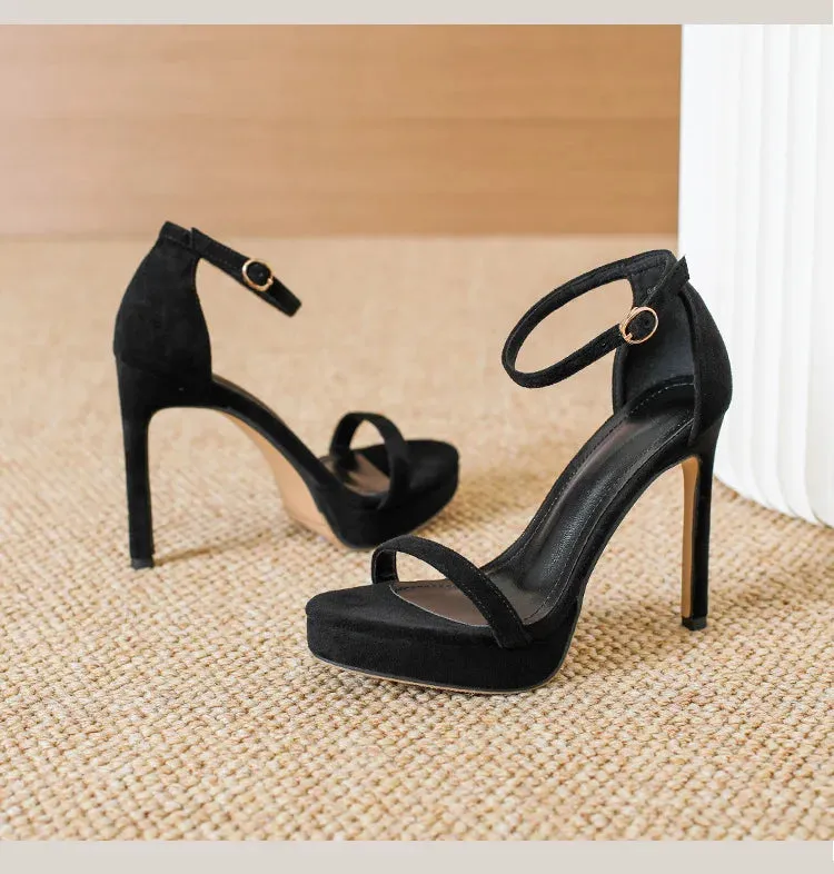 Brand Design Ankle Straps Women Sandals 11Cm Open Toe Platform Party Pumps Flock Leather High Heels