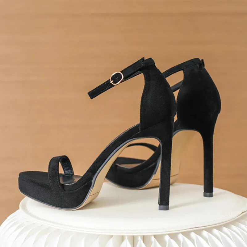 Brand Design Ankle Straps Women Sandals 11Cm Open Toe Platform Party Pumps Flock Leather High Heels