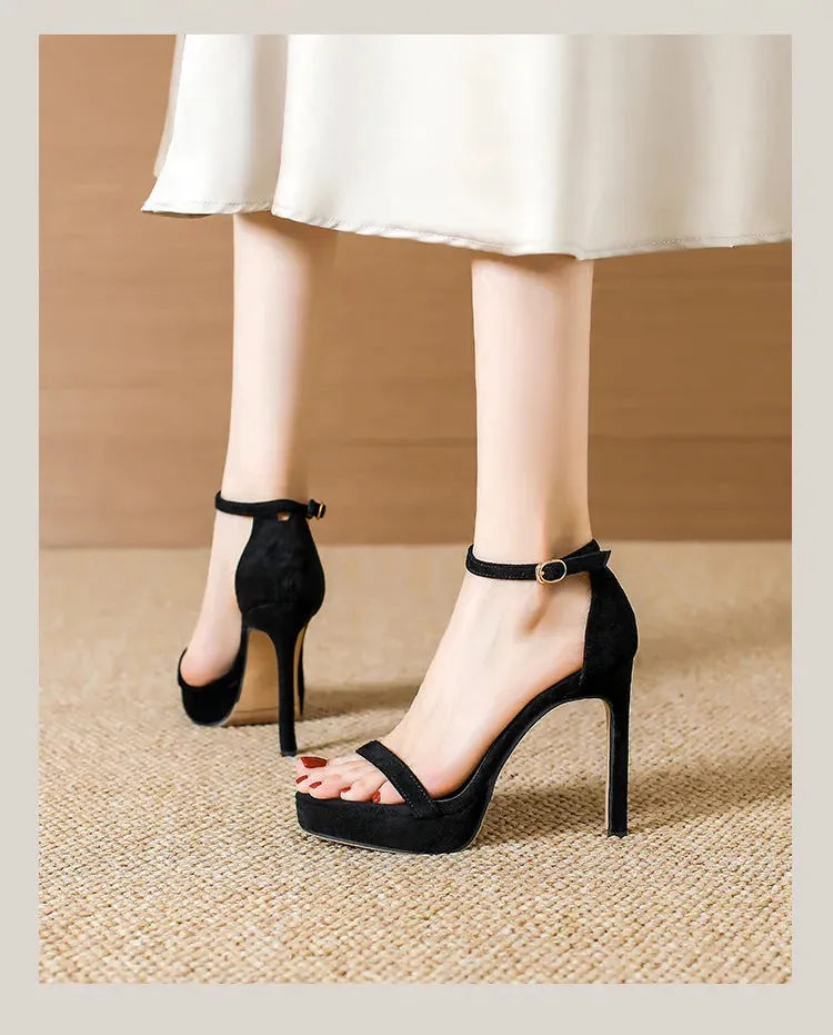 Brand Design Ankle Straps Women Sandals 11Cm Open Toe Platform Party Pumps Flock Leather High Heels