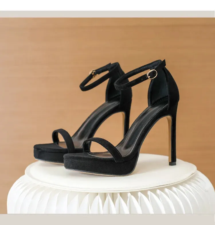 Brand Design Ankle Straps Women Sandals 11Cm Open Toe Platform Party Pumps Flock Leather High Heels