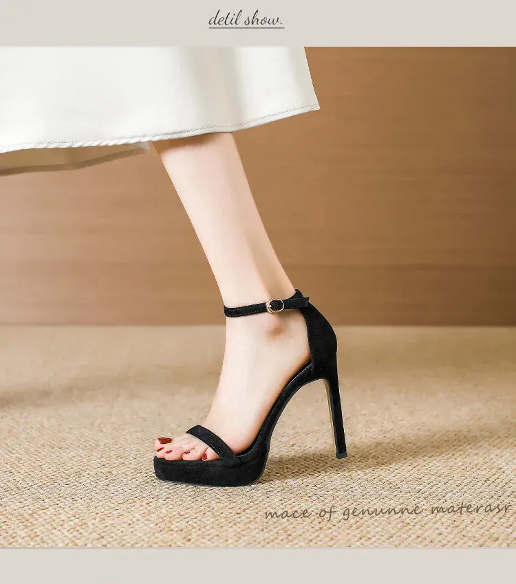 Brand Design Ankle Straps Women Sandals 11Cm Open Toe Platform Party Pumps Flock Leather High Heels