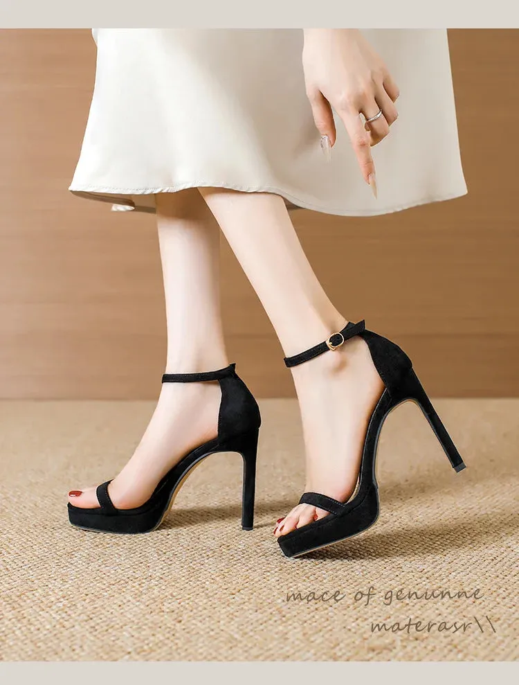 Brand Design Ankle Straps Women Sandals 11Cm Open Toe Platform Party Pumps Flock Leather High Heels