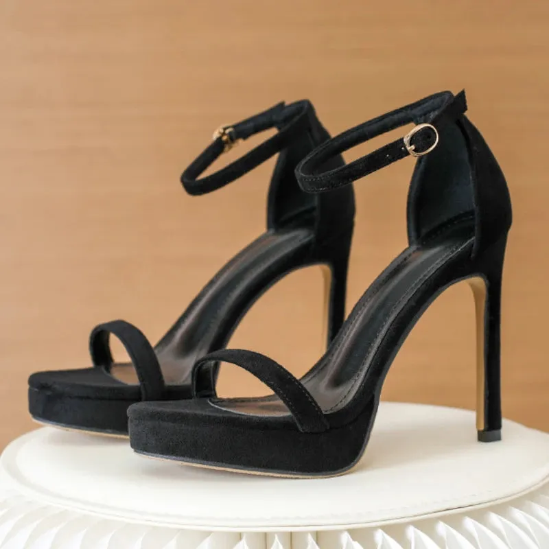 Brand Design Ankle Straps Women Sandals 11Cm Open Toe Platform Party Pumps Flock Leather High Heels