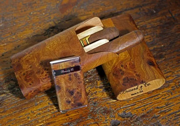 Brizard and Co. "Show Band" 3 Cigar Case - Carpathian Burl