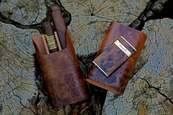 Brizard and Co. "Show Band" 3 Cigar Case - Carpathian Burl