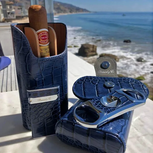 Brizard and Co. The "Show Band" 3 Cigar Case - Indigo Croco Pattern