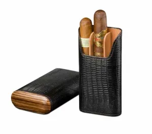 Brizard and Co. The "Show Band" 3 Cigar Case - Lizard Pattern Black and Zebrawood