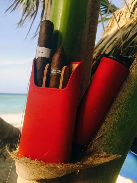 Brizard and Co. The "Show Band" 3 Cigar Case - Sunrise Red and Macassar Ebony (Flat Top)