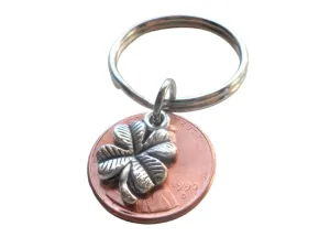 Clover Charm Layered Over 1990 Penny Keychain; 35 Year Anniversary Gift, Birthday Gift, Couples Keychain