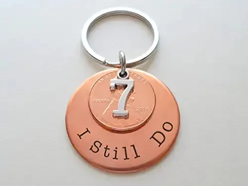 Custom Engraved Copper Disc Keychain with Penny and 7 Charm, 7 Year Anniversary Gift Keychain, Personalized Engraved Keychain
