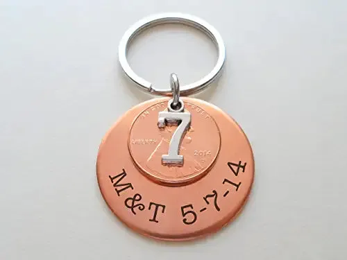 Custom Engraved Copper Disc Keychain with Penny and 7 Charm, 7 Year Anniversary Gift Keychain, Personalized Engraved Keychain