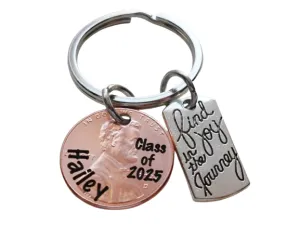 Custom Engraved Graduation Penny Keychain with Engraved "Class of 2025" and Personalized Name, & Find Joy in the Journey Charm, Graduate Keychain
