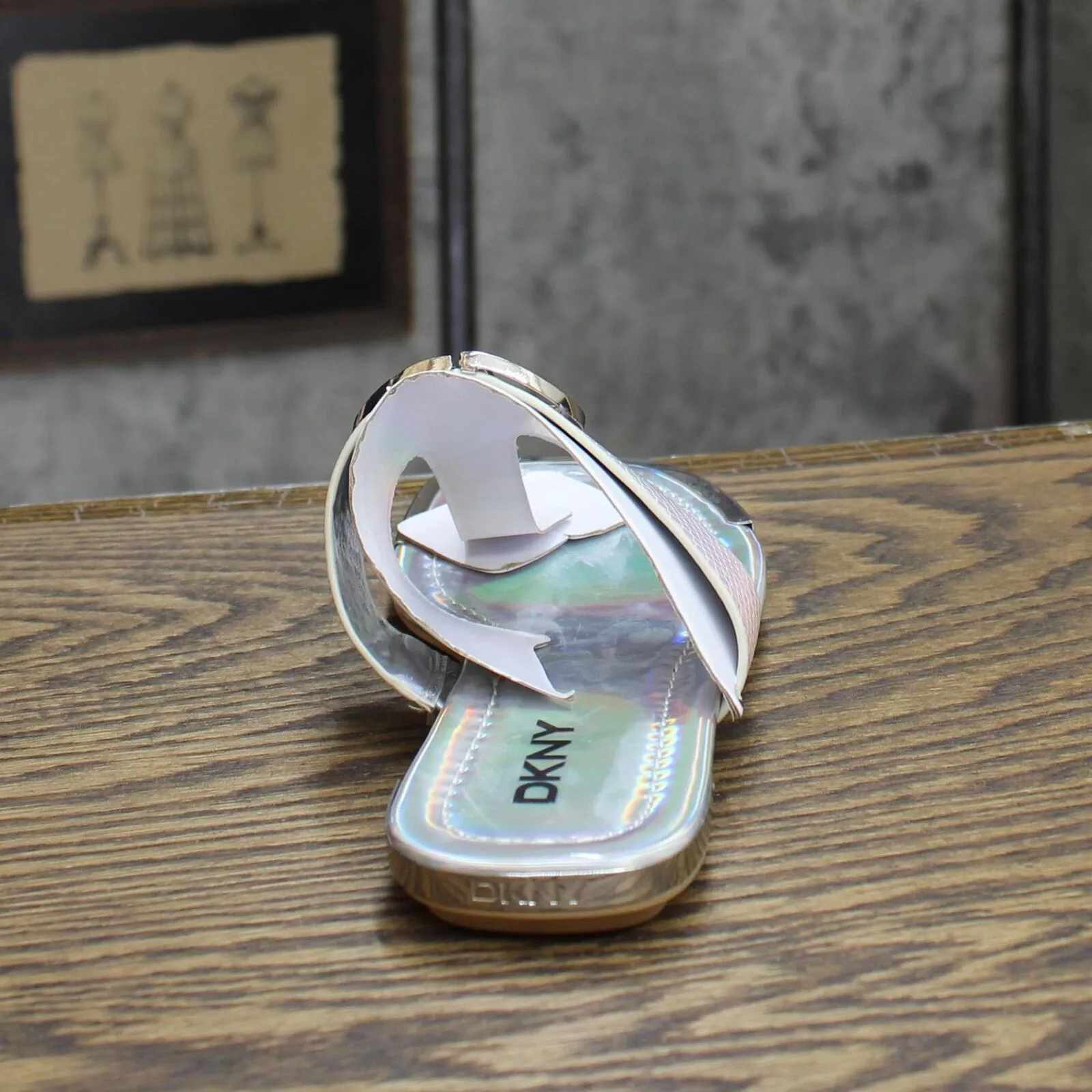 DKNY Women's Flat Slip On Sandal K4169795 Silver Iridescent Halcott 6M