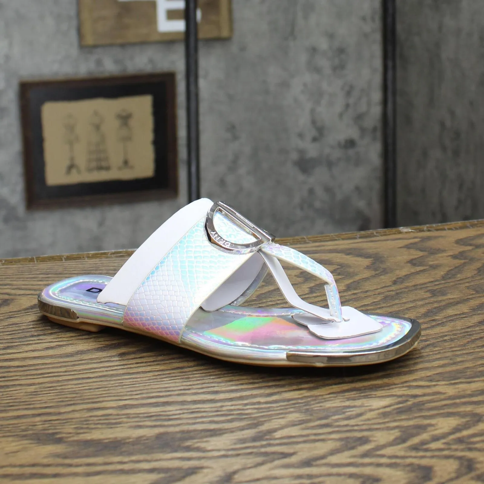 DKNY Women's Flat Slip On Sandal K4169795 Silver Iridescent Halcott 6M