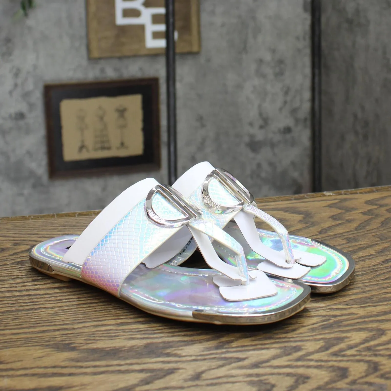 DKNY Women's Flat Slip On Sandal K4169795 Silver Iridescent Halcott 6M