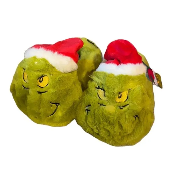 Dr. Seuss Grinch Fuzzy Plush 3D Slippers NEW Kids Sz 2-3 Green Christmas