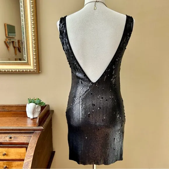 Free People Intimately Sexy In Sequins Black Mini Dress Matte V-Neck Size XS S