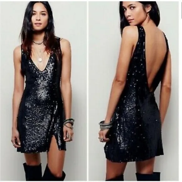 Free People Intimately Sexy In Sequins Black Mini Dress Matte V-Neck Size XS S