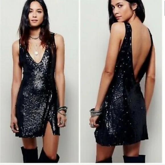 Free People Intimately Sexy In Sequins Black Mini Dress Matte V-Neck Size XS S