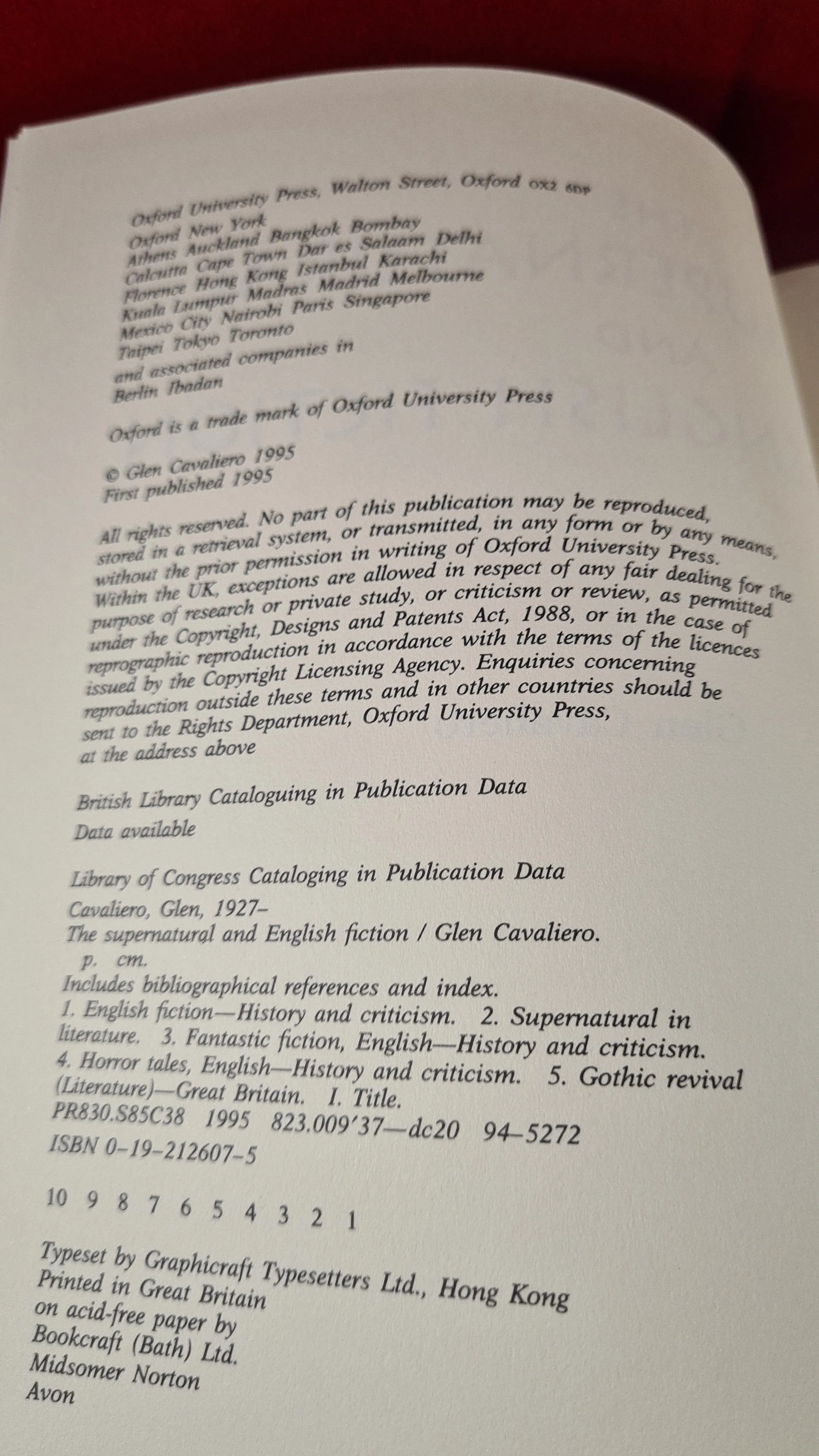Glen Cavaliero - The Supernatural & English Fiction, Oxford, 1995, First Edition