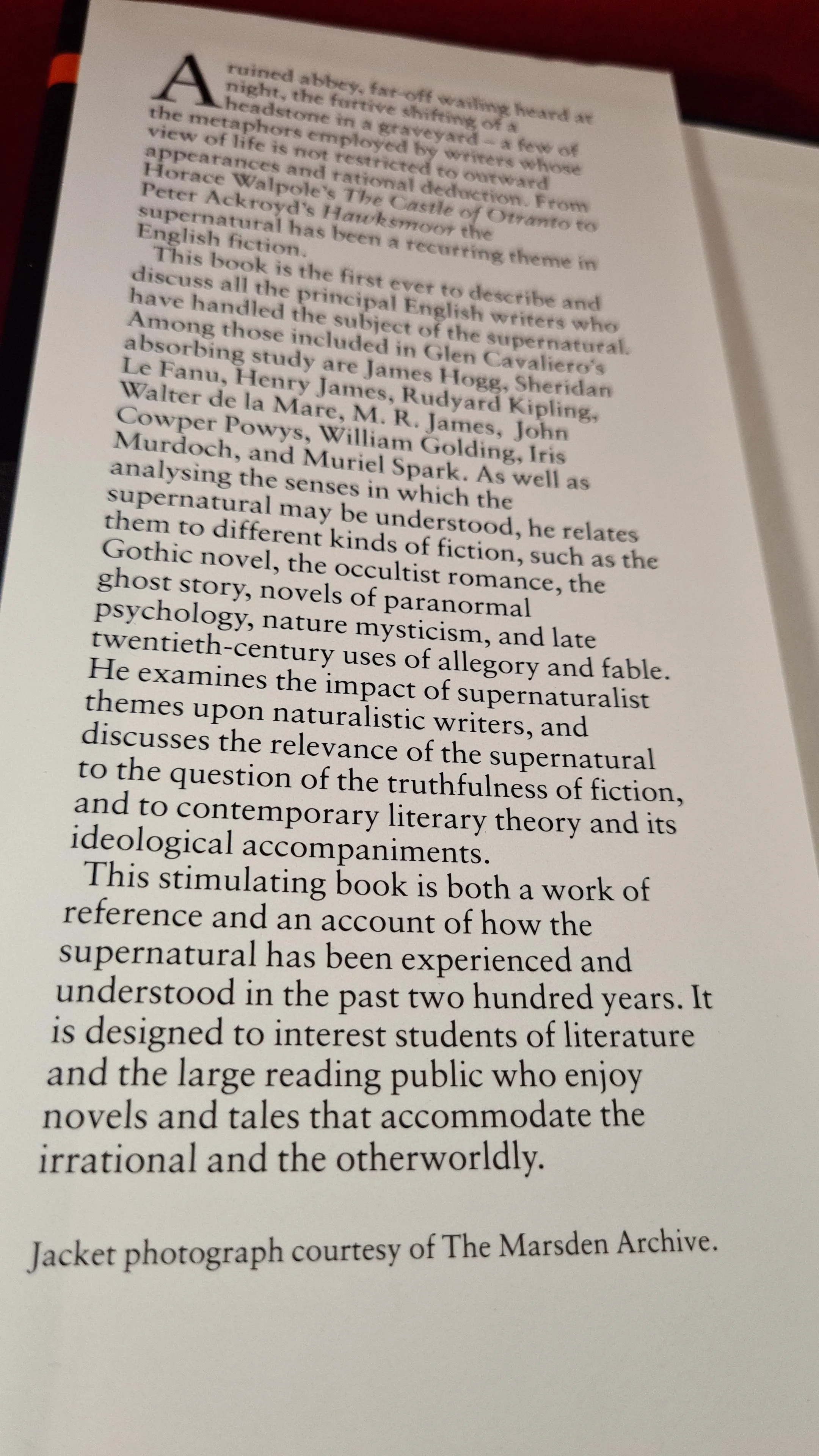 Glen Cavaliero - The Supernatural & English Fiction, Oxford, 1995, First Edition