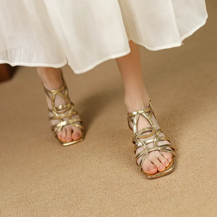 Golden Gladiator Square Toe High Heels Sandals