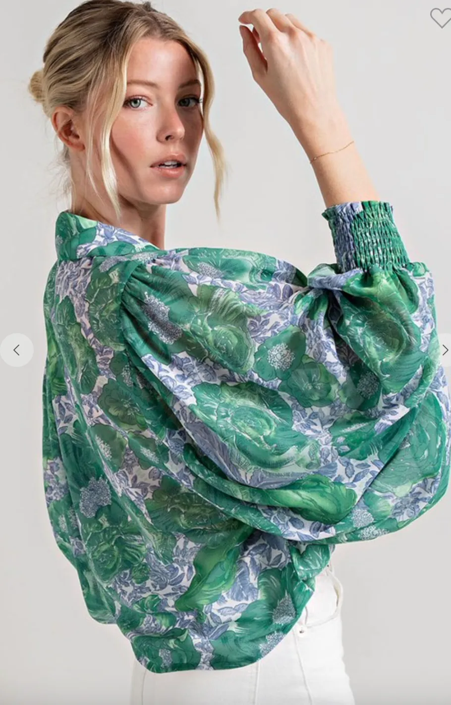 Green Floral Puff Sleeve Blouse