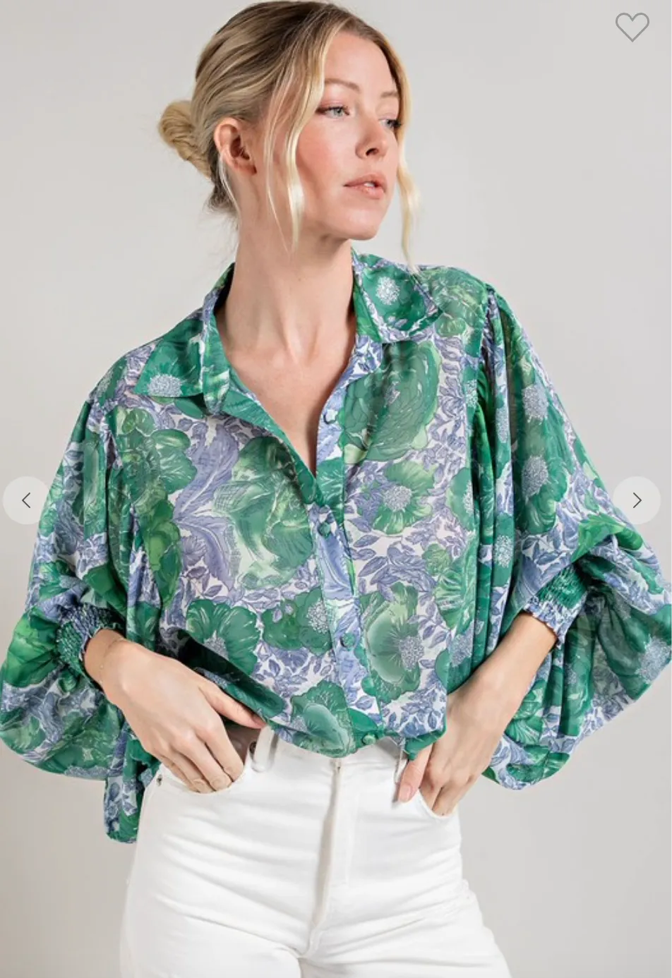 Green Floral Puff Sleeve Blouse