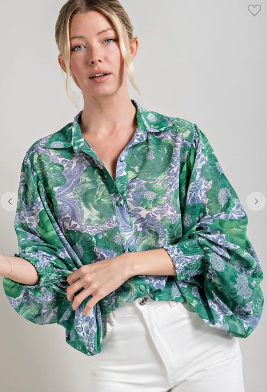 Green Floral Puff Sleeve Blouse