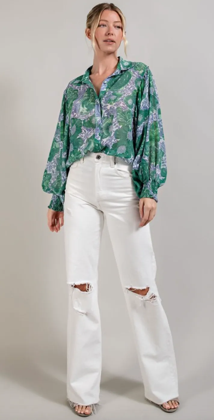 Green Floral Puff Sleeve Blouse