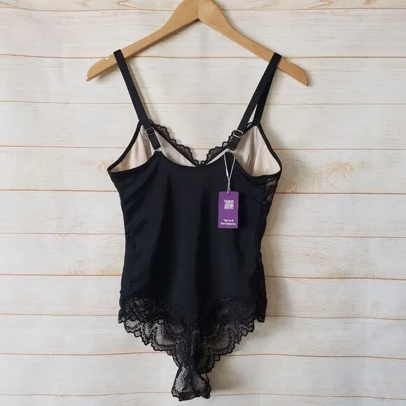 HeyShape Half Laced Thong Stretchy Shapewear Slimming Bodysuit Black Medium