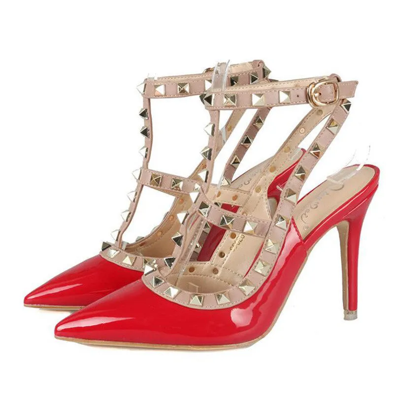 High Brand Rivet Shoes 10cm Patent Leather Studded Sling back Heels Sandals Women High Heels Sandals Pumps