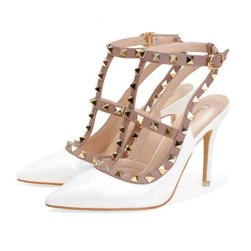 High Brand Rivet Shoes 10cm Patent Leather Studded Sling back Heels Sandals Women High Heels Sandals Pumps