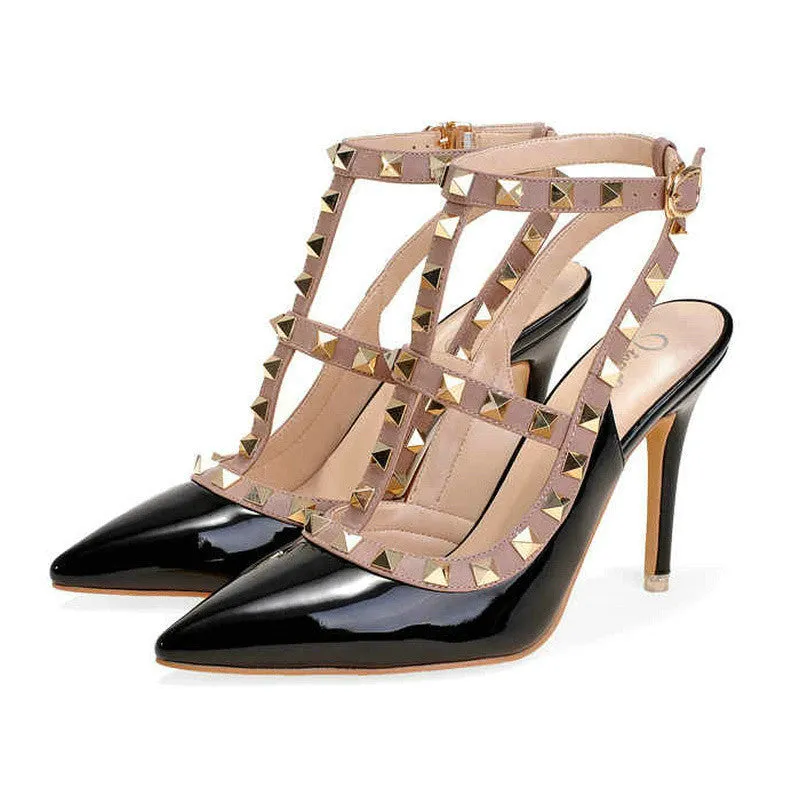 High Brand Rivet Shoes 10cm Patent Leather Studded Sling back Heels Sandals Women High Heels Sandals Pumps