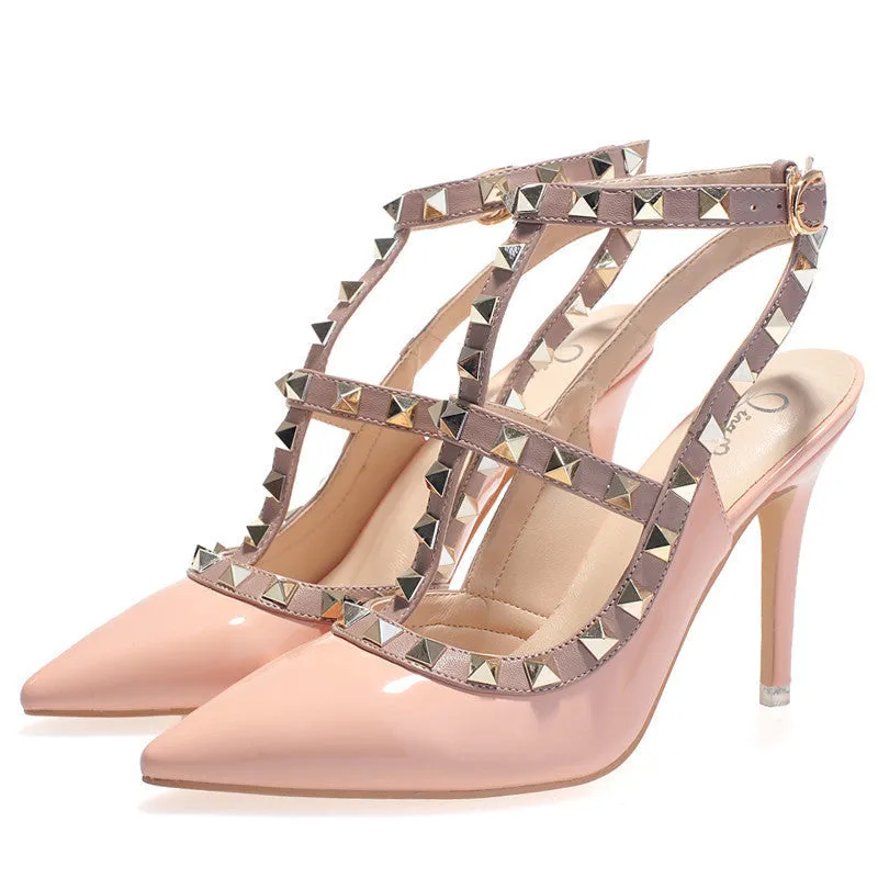 High Brand Rivet Shoes 10cm Patent Leather Studded Sling back Heels Sandals Women High Heels Sandals Pumps