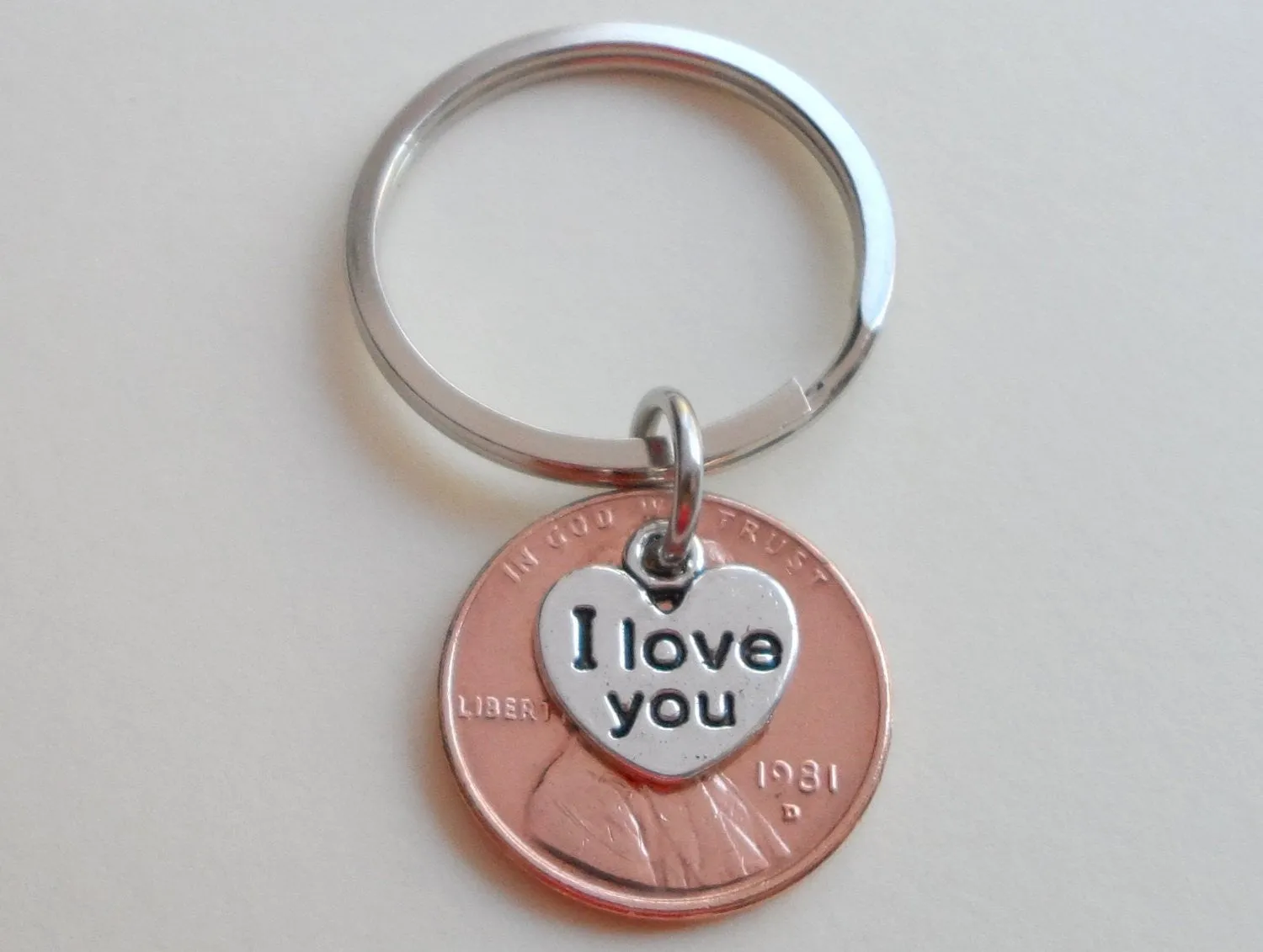 I Love You Heart Charm Layered Over 1981 Penny Keychain; 44 Year Anniversary Gift, Couples Keychain